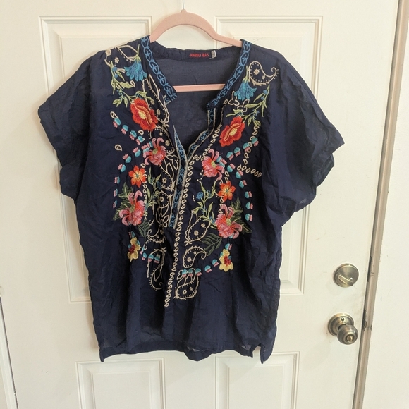 Johnny Was Navy Floral Peloza Embroidered Top - Picture 2 of 5
